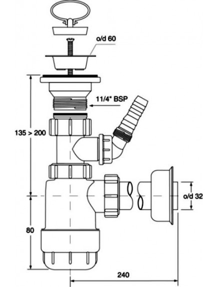 Mc Alpine HC1LWM 5/4" - 32mm búraszifon mosógép csatlakozás, állítható leeresztővel