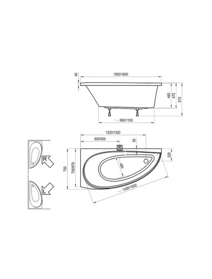 Ravak Avocado aszimmetrikus balos akril fürdőkád 1600 x 750	 - CQ01000000