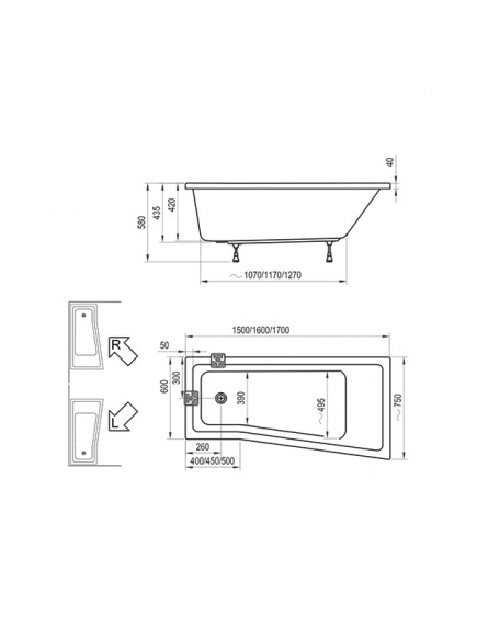 Ravak BeHappy II aszimmetrikus balos akril fürdőkád 1700 x 750 - C941000000