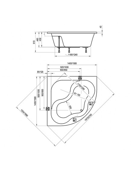 Ravak Gentiana negyedköríves akril fürdőkád 1400 x 1400 - CF01000000