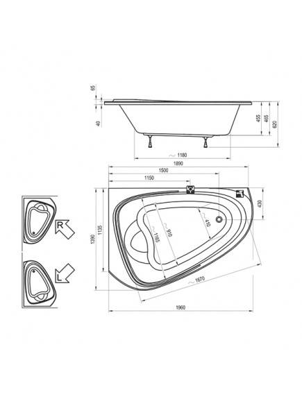 Ravak LoveStory II jobbos aszimmetrikus akril fürdőkád 1960 x 1135 - C761000000