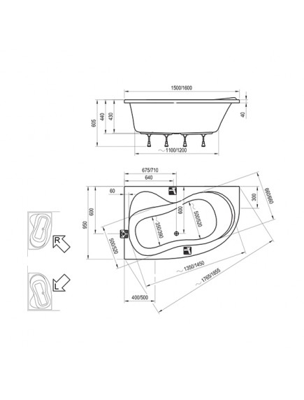 Ravak Rosa 95 aszimmetrikus jobbos akril fürdőkád 1600 x 950 - C581000000