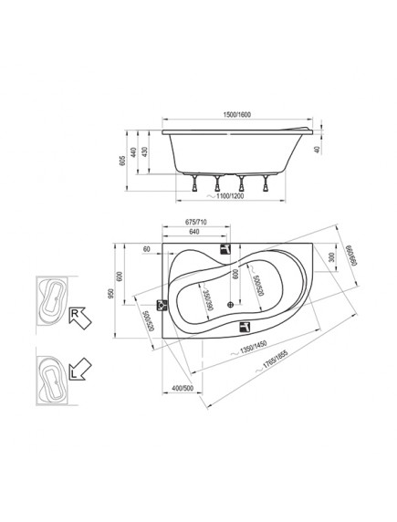 Ravak Rosa 95 aszimmetrikus jobbos akril fürdőkád 1500 x 950 - C561000000