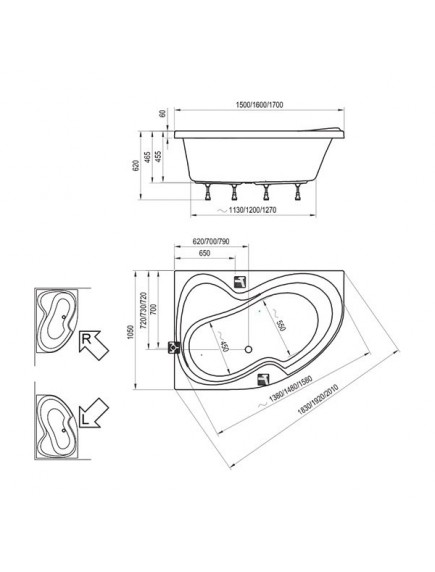 Ravak Rosa II aszimmetrikus jobbos akril fürdőkád 1700 x 1050 - C421000000