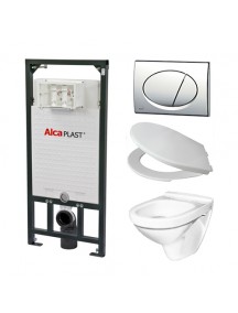 Alcaplast A101 WC szett - falba építhető WC tartály szerelőkerettel, fényes-króm nyomólappal, csészével, ülőkével