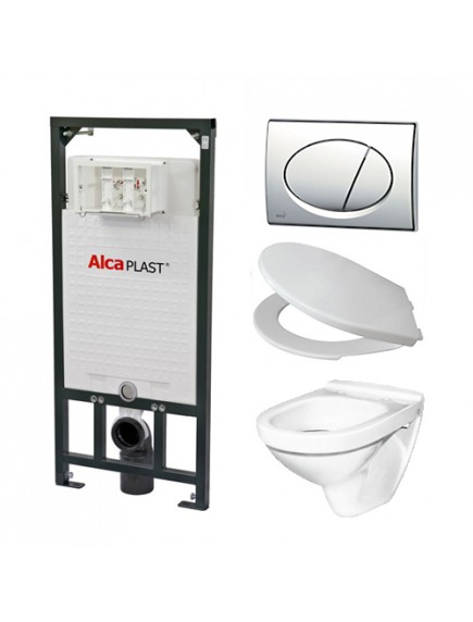 Alcaplast A101 WC szett - falba építhető WC tartály szerelőkerettel, fényes-króm nyomólappal, csészével, ülőkével