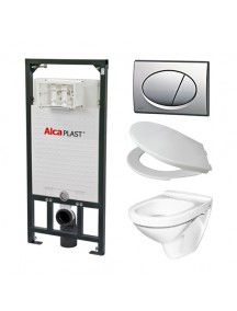Alcaplast A101 WC szett - falba építhető WC tartály szerelőkerettel, matt-króm nyomólappal, csészével, ülőkével
